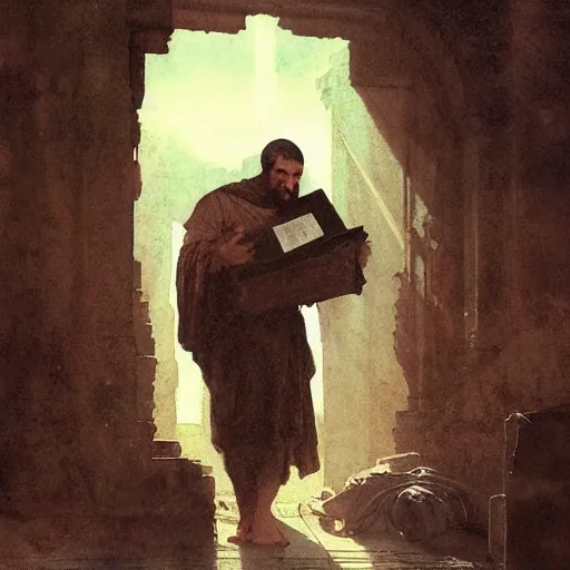 Image similar to half portait of monk wearing a closed cowl and big old book! chained to the wrist, jeremy mann, jean - leon gerome, tiepolo, alphonse mucha, greg rutkowski, face in the shadows, ( ( ruins of ancient rome ) ), at dusk, mysterious atmosphere, sunrays, dof, high detailed, 8 k