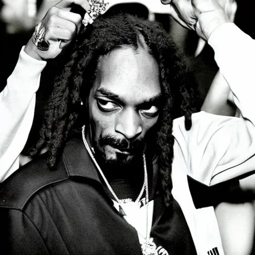 Image similar to 90's photo of snoop Dogg looking annoyed by the photographer