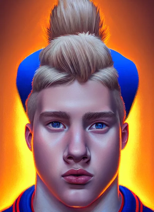 Image similar to portrait of high school senior boy named big moose, blonde short hair, jock, beefy, wide face, square jaw, square facial structure, blue varsity jacket with letter r, intricate, elegant, glowing lights, highly detailed, digital painting, artstation, concept art, sharp focus, illustration, art by wlop, mars ravelo and greg rutkowski