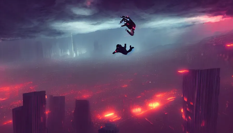 Image similar to man skydiving into a dark cyberpunk city through clouds, volumetric lighting, dystopia, artstation, concept art, painting