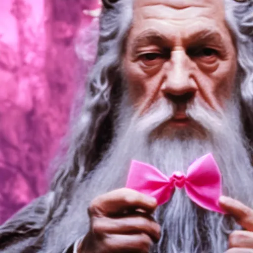 Image similar to portrait of gandalf, wearing a pink ribbon tied into his hair, holding a blank playing card up to the camera, movie still from the lord of the rings