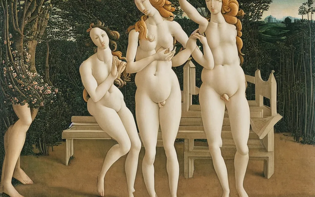 Image similar to sandro botticelli. very soft, delicate light. venus standing on a park bench in a modern city.