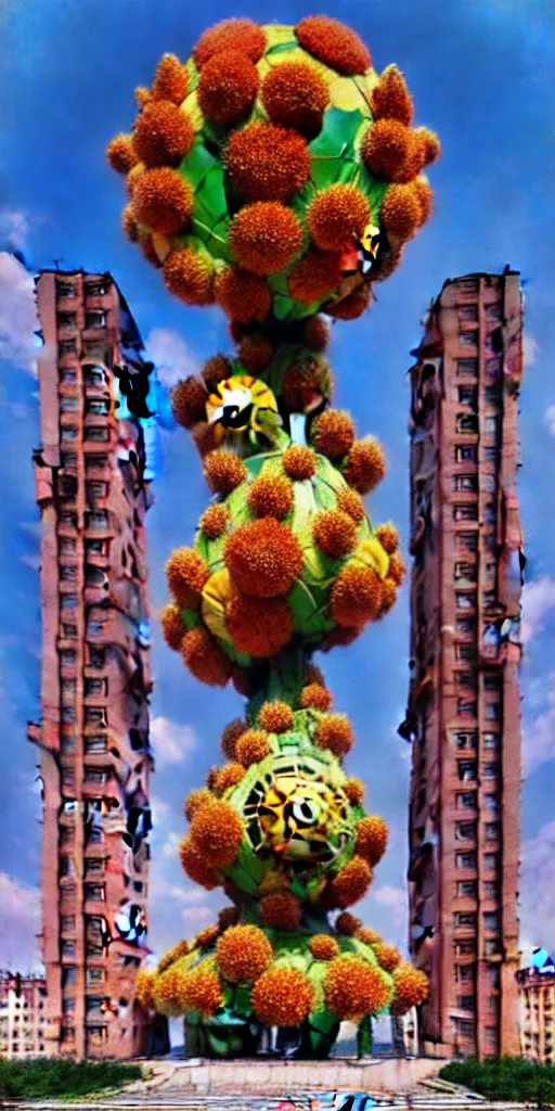 Image similar to colossal grotesque flower made from unfulfilled communist dreams in the middle of abandoned post soviet constructivist cityscape, Stalinist architecture, ultradetailed, Intricate by Hayao Miyazaki and Josan Gonzalez and Makoto Shinkai and Giuseppe Arcimboldo and Wes Anderson