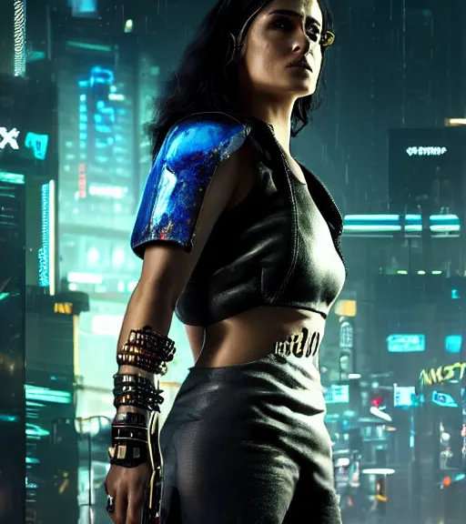 Prompt: cyberpunk 2 0 7 7, charismatic rugged female battle salma hayek - mage portrait, clothed in hooded, metal - plated battle armor atmospheric lighting painted intricate volumetric lighting, beautiful, sharp focus, ultra detailed by leesha hannigan, ross tran, thierry doizon, kai carpenter, ignacio fernandez rios