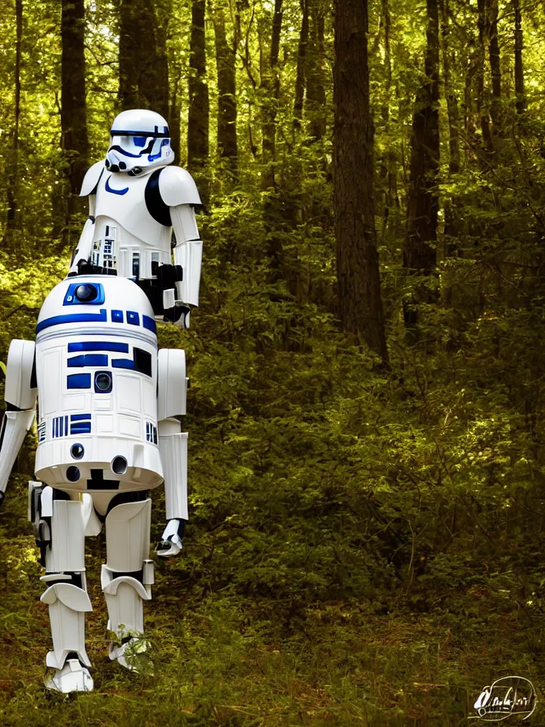 Image similar to still of a stormtrooper R2-D2, standing in the forest, golden hour, high quality, sigma 55mm, full body shot, ewoks