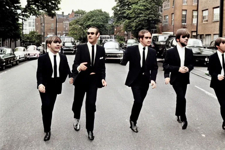 Image similar to sean connery as james bond with the beatles at abbey road recording studio, color photograph, 1 9 6 0 s