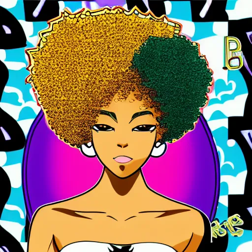 Image similar to black woman with a gold afro in anime style, highly detailed, sharp colors