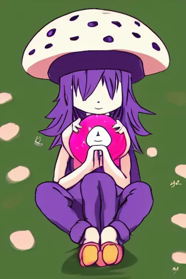 Image similar to a beautiful little girl wearing a mushroom hat sitting on her bed petting a frog in her lap | | purple hair, pretty face, sharped details, in yokai watch art style, trending on pixiv, anatomically correct