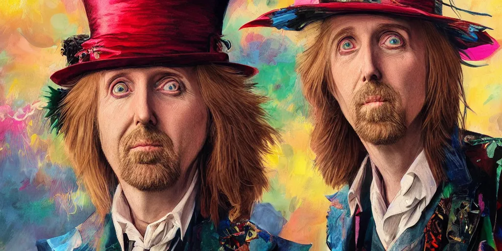 Image similar to tom petty as the mad hatter portrait, colorful, contrast, kim jung gi, greg rutkowski, zabrocki, karlkka, jayison devadas, trending on artstation, 8 k, ultra wide angle, zenith view, pincushion lens effect