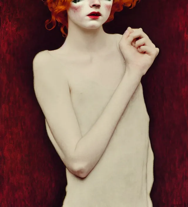 Prompt: sadie sink stunning portrait of highly details androgynous ruby rose as desire from sandman, rockabilly style, white suit and black tie,, by egon shiele and alphonse mucha, with influence of jeremy mann, peter lindbergh, dave mckean, maurice sapiro, and frank moth, soft lightning, highly detailed, 8 k