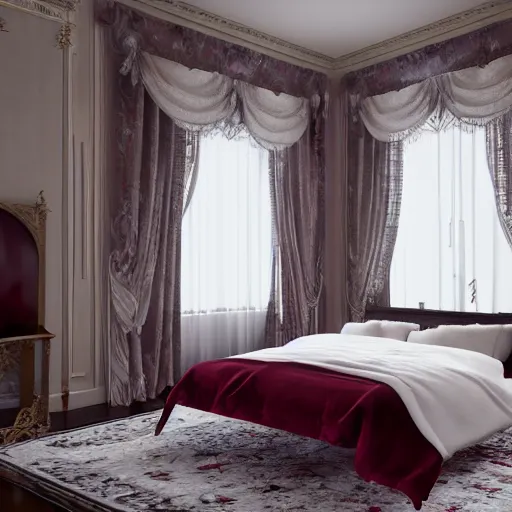 Prompt: rich bedroom, beautiful detail, red velvet bedding, liminal space, high detail, rendered in unreal engine, 3d render, god rays, volumetric lighting, mansion, interior, large windows, vegetation