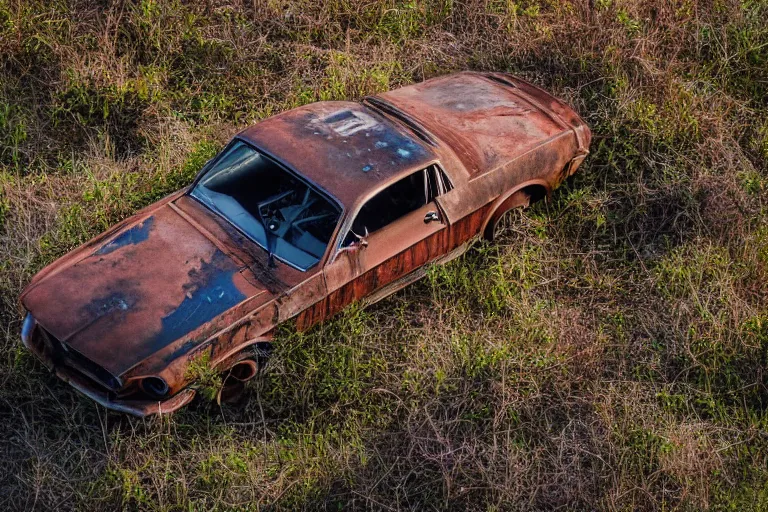 Prompt: A rusty old mustang in an abandoned big factory, sun lighting from above, taken with a Leica camera, overgrown foliage, ambient lighting, bokeh, sunset time, highly detailed art