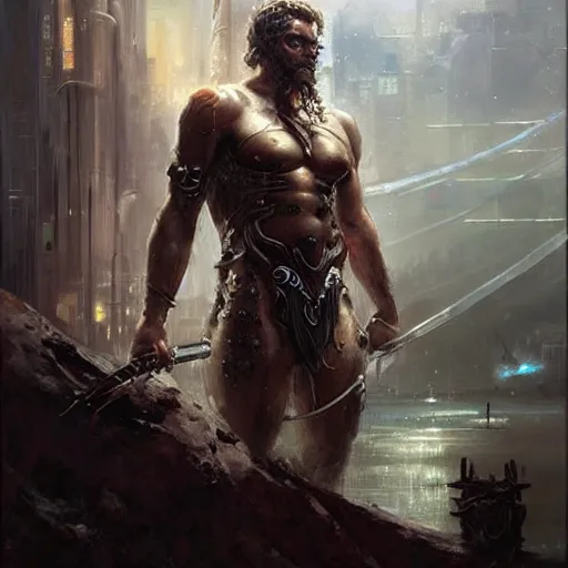 Image similar to stunning portrait of greek god poseidon wearing scale armor, painting by Raymond Swanland, cyberpunk, sci-fi cybernetic implants hq