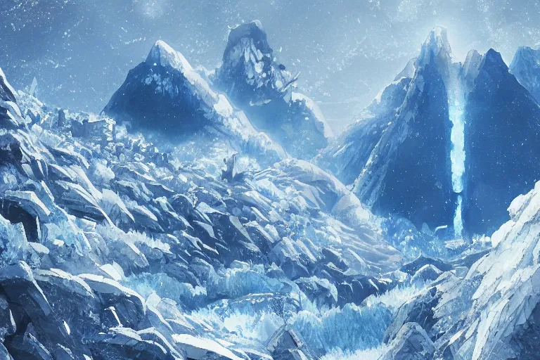 Image similar to blue themed ice crystal geode mountain landscape, meteor shower, epic, miyazaki style, cinematic, indie, highly detailed, featured on artstation, highly detailed, abstract