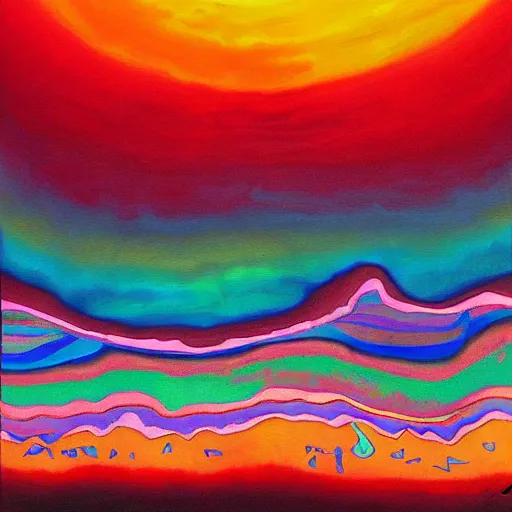 Prompt: painting of a beautiful sunset, psychedelic, schizophreniac