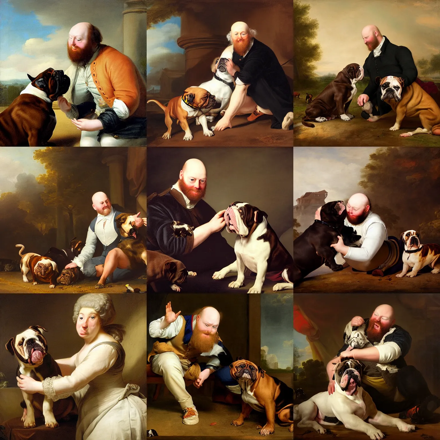 Prompt: playful portrait of angriestpat petting a dark brown english bulldog by joseph ducreux