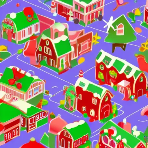 Image similar to orthographic view of a christmas themed town, happy, cute, bright colours, high detail, 8 k,