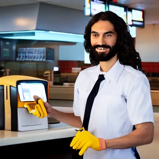 Image similar to closeup portait of jesus working as a cashier at macdonalds