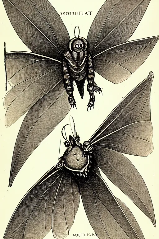 Image similar to a victorian naturalist's illustration of mothman, labels and notes, high detail, ultrasharp detail, intricate inked page border.