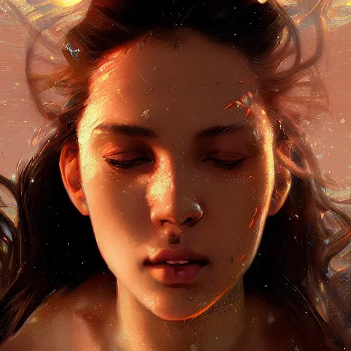 Image similar to foam floats around girl's mouth, closeup photo, dramatic lighting, intricate, wild, highly detailed, digital painting, artstation, concept art, smooth, sharp focus, illustration, art by artgerm and greg rutkowski and alphonse mucha, footage