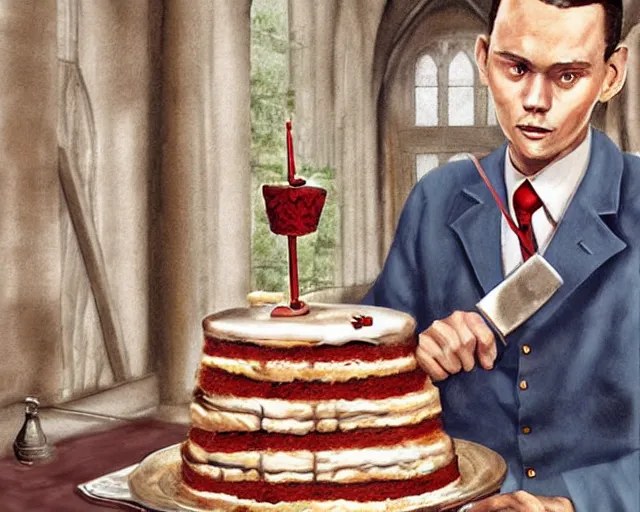 Image similar to Forrest gump eating a cake in hogwarts, digital art, highly detailed, in the style of Heraldo Ortega