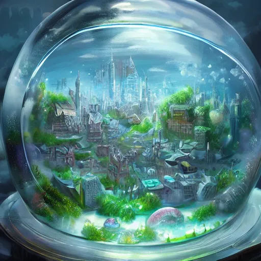 Image similar to a bubble terrarium utopia, with cities galore, dynamic lighting, fantasy concept art, trending on art station, stunning visuals, creative, cinematic, ultra detailed