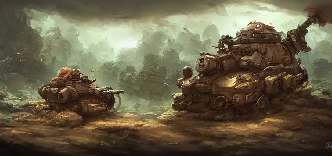 Image similar to cute little anthropomorphic Guinea Pig driven tank battalion driving towards a city, ultra wide lens shot , tiny, small, short, cute and adorable, pretty, beautiful, DnD character art portrait, matte fantasy painting, DeviantArt Artstation, by Jason Felix by Steve Argyle by Tyler Jacobson by Peter Mohrbacher, cinematic lighting