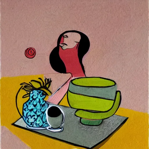 Prompt: beautiful lady, drinking tea, fruit basket, painting, clean shapes, print, litography, pastel colors, ink lines, markus gunnar, konstfack