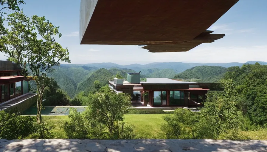Image similar to villa inspired by tibetan architecture, on a green hill, overlooking a valley with trees, frank lloyd wright, zaha hadid, le corbeusier, photorealistic, birds eye view