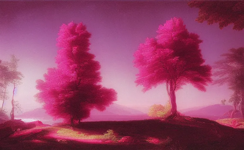 Prompt: a tree made of spiritual pink light painted by thomas cole