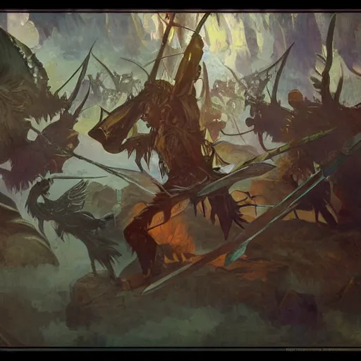 Prompt: magic the gathering illustration of a battle scene between angles, intricate, wild, highly detailed, digital painting, artstation, upper body, concept art, smooth, sharp focus, illustration, art by alphonse mucha