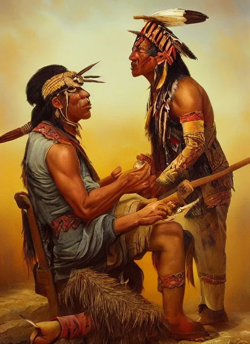 Prompt: a beautiful painting of an indigenous man blowing tobacco snuff into the nose of another man , fantasy art, matte painting, highly detailed