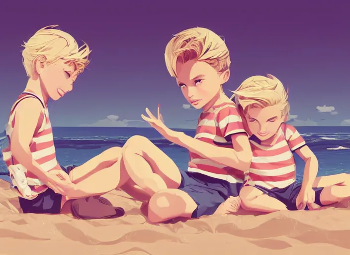 Image similar to two little boys with tousled blonde hair sitting on a beach. clean cel shaded vector art. shutterstock. behance hd by lois van baarle, artgerm, helen huang, by makoto shinkai and ilya kuvshinov, rossdraws, illustration, art by ilya kuvshinov