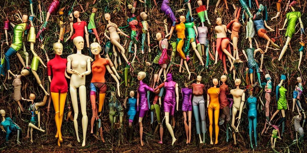 Image similar to award winning photo ofcontainer filled with manikin dolls neXt to metallic forest, vivid colors, happy, symmetrical face, beautiful eyes, studio lighting, wide shot art by gregory crewdson