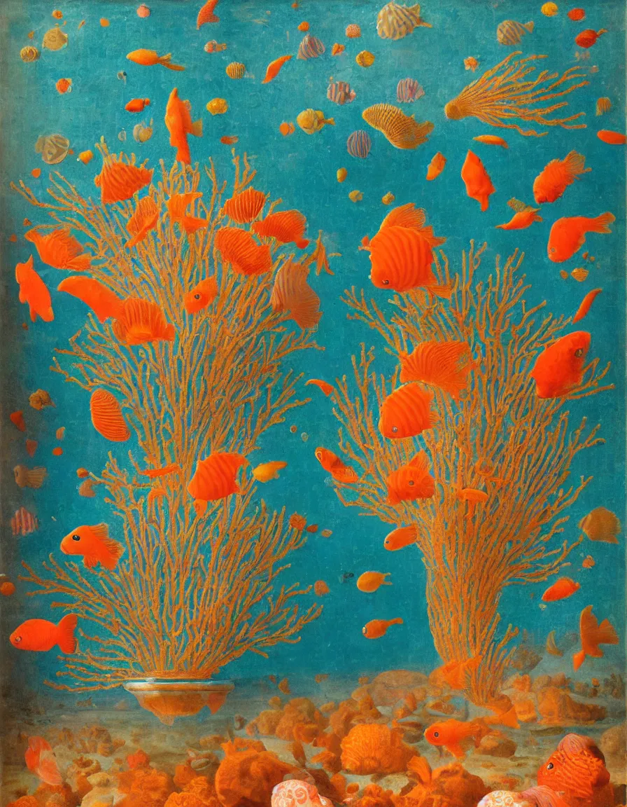 Image similar to transparent vase of coral in the sky and under the sea decorated with a dense field of stylized scrolls that have opaque orange outlines, with colorful shells and orange fishes, ambrosius benson, oil on canvas, hyperrealism, light color, no hard shadow, around the edges there are no objects