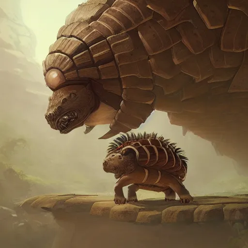 Image similar to yanonami riding a glyptodon, greg rutkowski, digital illustration, concept art, dnd, face, fantasy, intricate, elegant, highly detailed, digital painting, artstation, full body, long shot, cinematic lighting