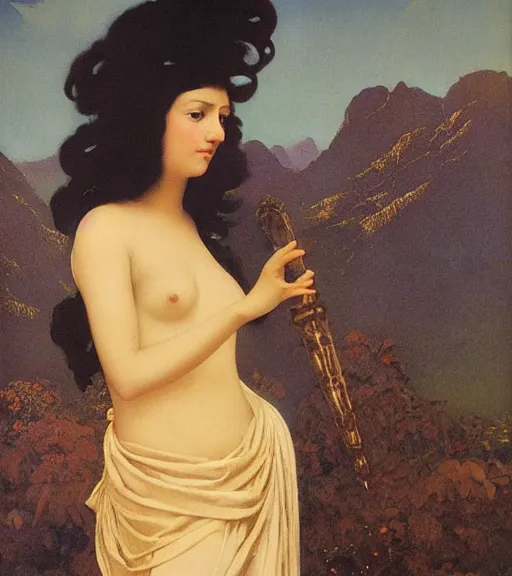 Image similar to an oil painting a queen with dark hair and white fair skin standing on a throne by maxfield parrish, highly detailed, realistic, realism, manierism, oil painting, wide shot