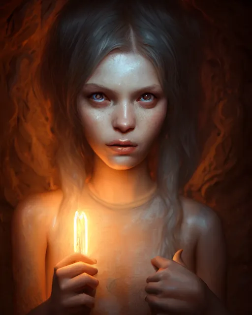 Image similar to Beautiful art portrait of a light elemental girl in a dungeon, atmospheric lighting, intricate detail, cgsociety, hyperrealistic, octane render, RPG portrait, ambient light, dynamic lighting