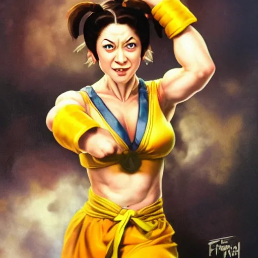 Prompt: ultra realistic kristen schaal as chun li from street fighter, portrait painting by frank frazetta, 4 k, ultra realistic, highly detailed,