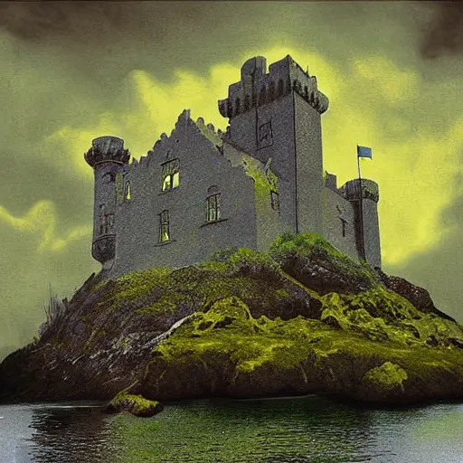 Image similar to Irish castle on an island, digital art, vintage pulp art