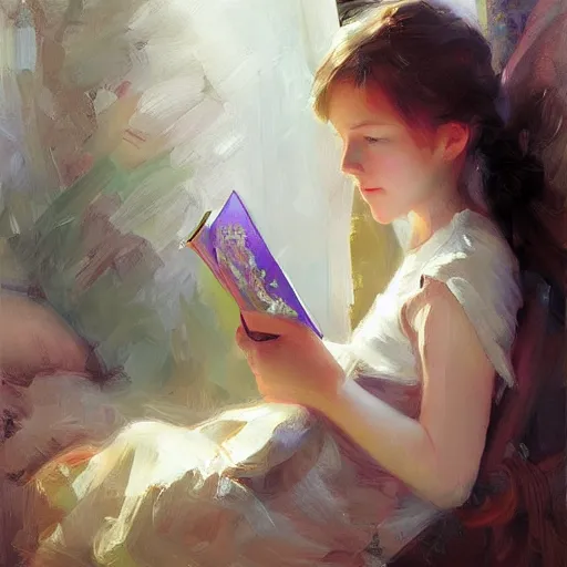 Image similar to young girl reading a book, highly detailed, digital painting, artstation, concept art, art by Daniel F. Gerhartz