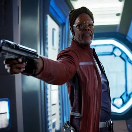 Prompt: film still of Samuel L Jackson as Star Lord in Guardians of the Galaxy