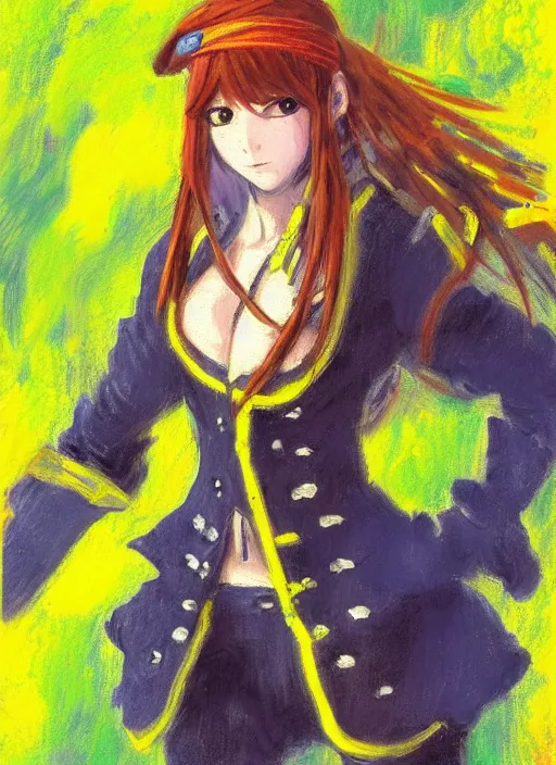 Image similar to a portrait of a female pirate, electric yellow uniform, very anime in impressionist style, anime trending artwork, anime painter studio, by claude monet