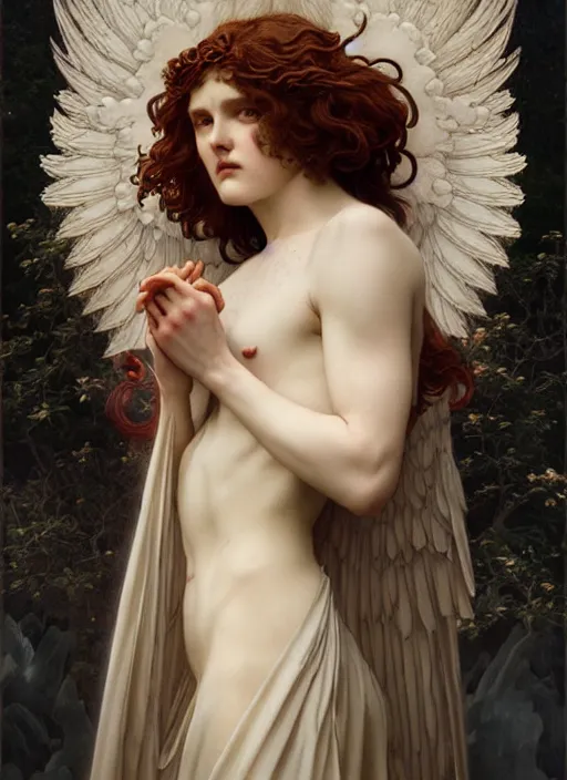 Image similar to majestic malevolent fallen angel porcelain skin man movie poster, art style by edmund leighton, tom bagshaw, alphonse mucha, exquisite digital art, haunting, masterpiece, organic painting, photorealistic, ornate and hyper detailed