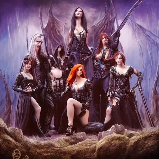 Prompt: Members of the symphonic metal band Epica, full body shot, fantasy, medieval, vivid colors, elegant, concept art, sharp focus, beautiful face, digital art, Hyper-realistic, 4K, Unreal Engine, Highly Detailed, HD, Dramatic Lighting by Brom, trending on Artstation