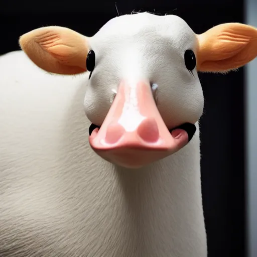 Image similar to a taxidermized smiling goose cow chimera, in a museum, on a pedestal, 8 5 mm lens, 7 0 mm entrance pupil diameter, close - up photograph, high detail, 4 k, soft focus, depth of field