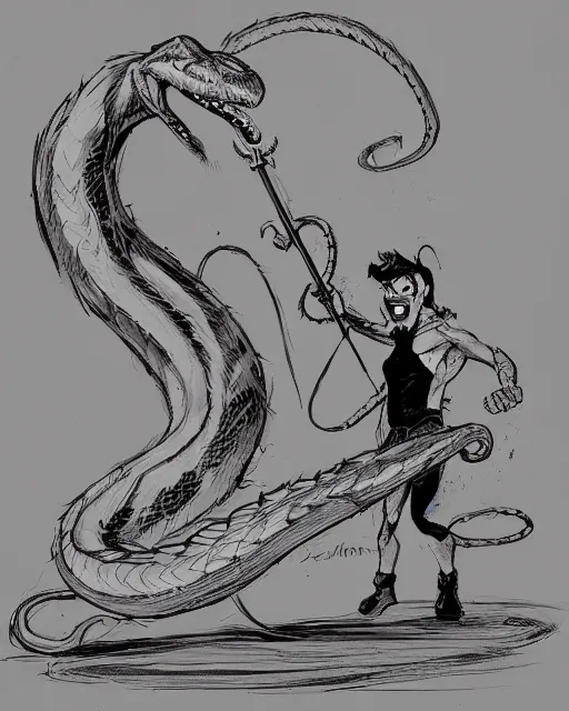 Prompt: a man fighting a giant snake, sketch by glen keane, black and white illustration by glen keane, concept art, artstation, disney 1 9 9 0