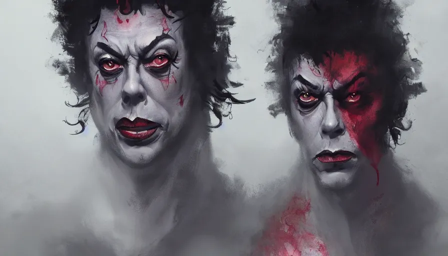Prompt: A beautiful painting of a Tim curry as darkness by greg rutkowski and Kalin Popov , Trending on artstation HD.