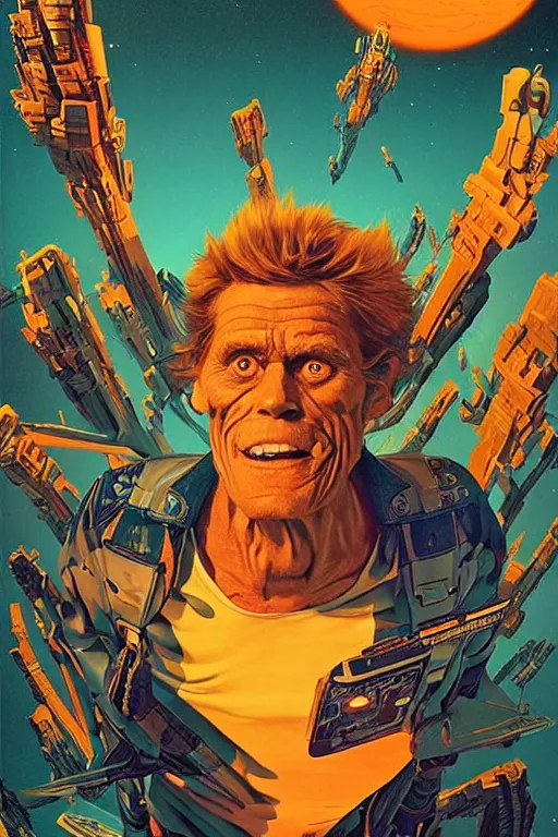 Image similar to Willem Dafoe as Rick Sanchez, science fiction, retro cover, high details, intricate details, by vincent di fate, artgerm julie bell beeple, inking, vintage 60s print, screen print