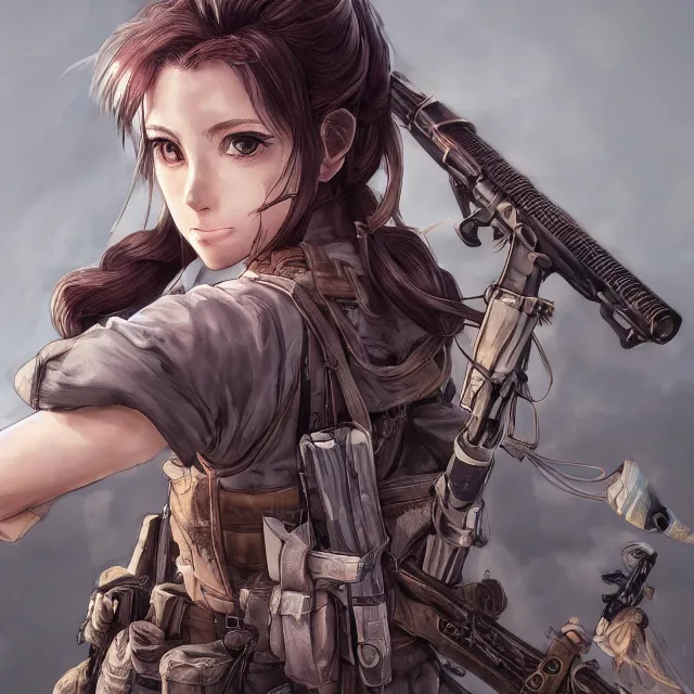 Image similar to the portrait of lawful neutral semi - colorful female infantry sniper as absurdly beautiful, gorgeous, elegant, young anime girl, an ultrafine hyperdetailed illustration by kim jung gi, irakli nadar, intricate linework, bright colors, octopath traveler, final fantasy, unreal engine 5 highly rendered, global illumination, radiant light, detailed and intricate environment